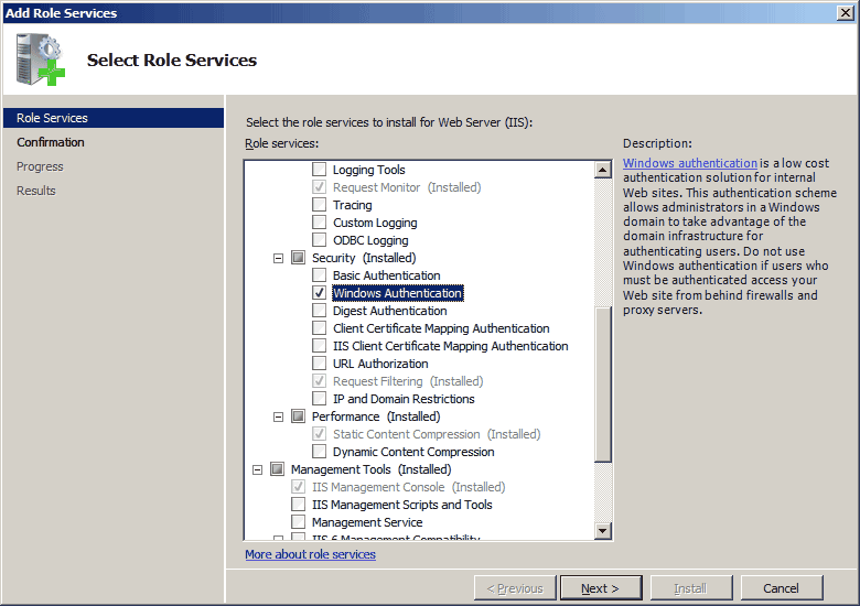 Install Windows Authentication on Server 2008