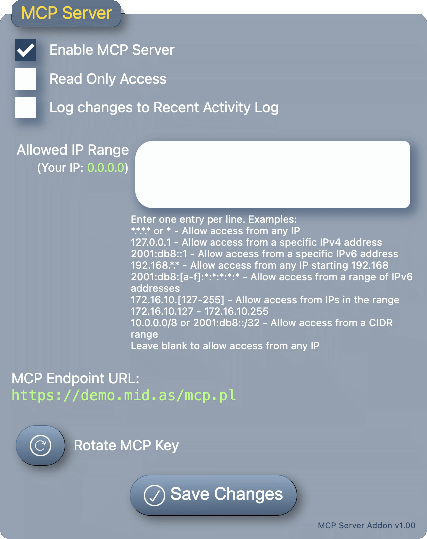 MIDAS MCP Server Settings
