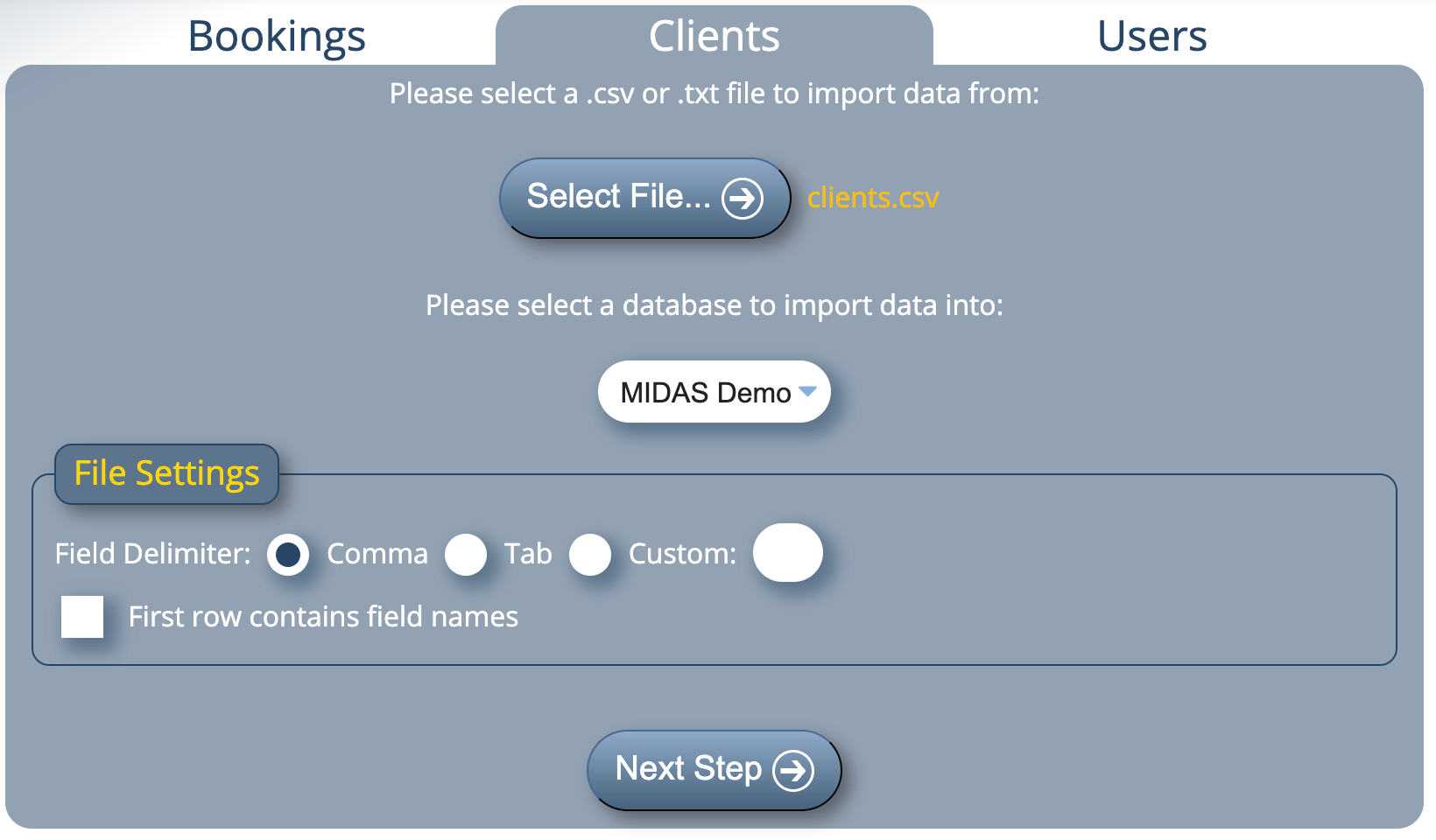 Import client data into MIDAS