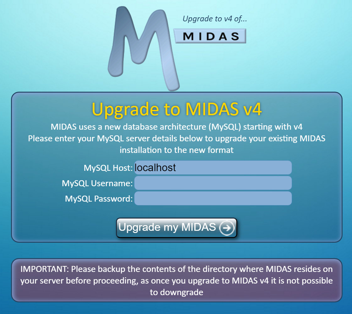 Upgrade to MIDAS v4 - MySQL details