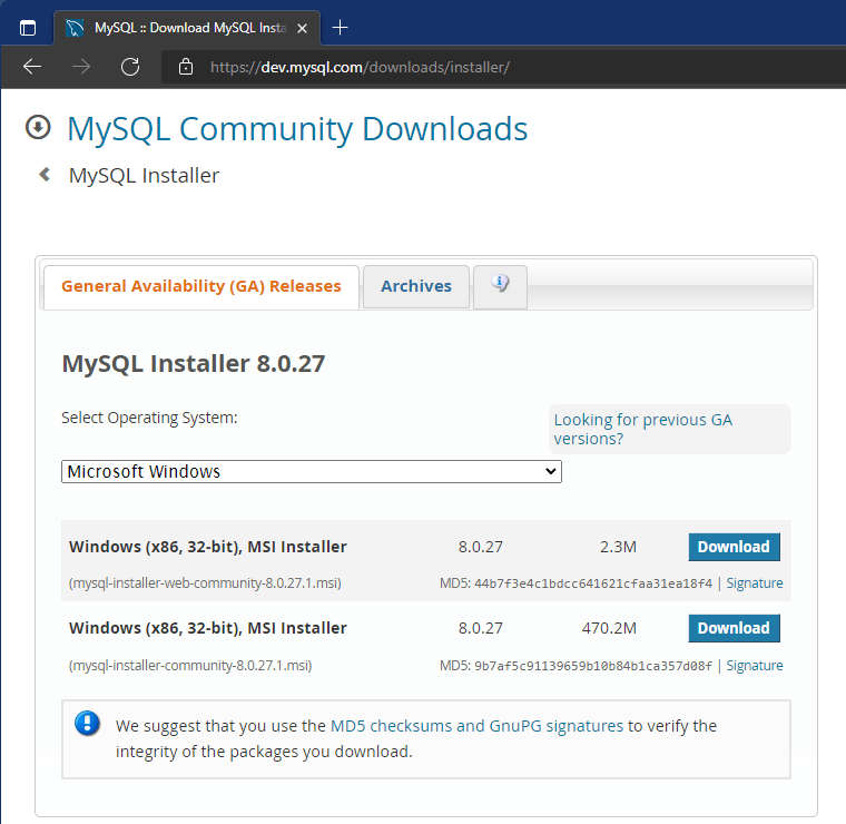 MySQL Web and Standalone Installers for Windows
