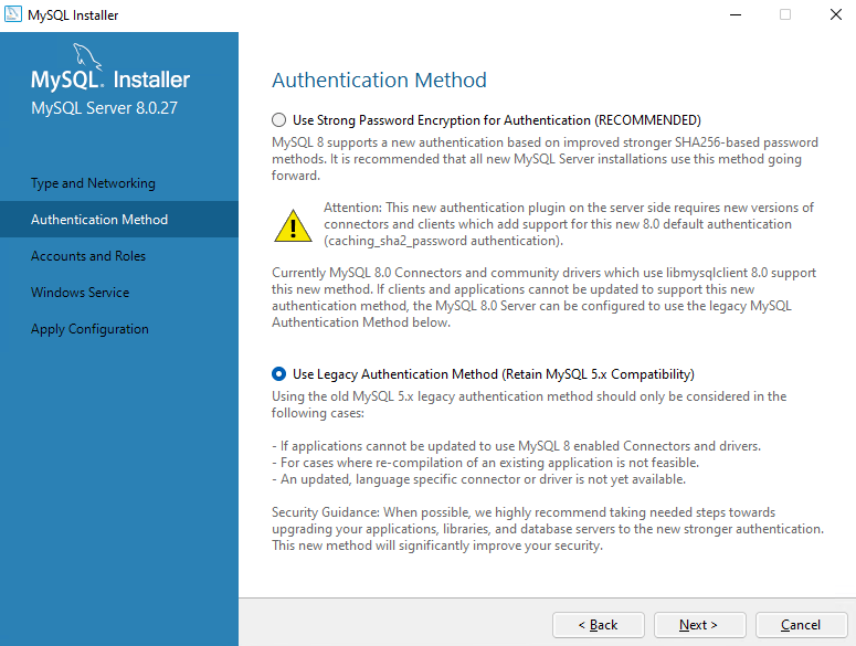 Setting authentication method during MySQL 8 install