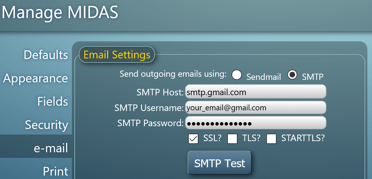 MIDAS Gmail SMTP Server Settings