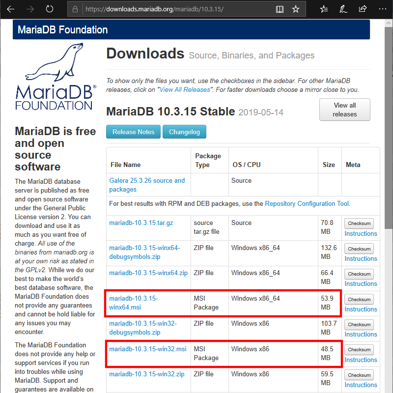Select MariaDB download type
