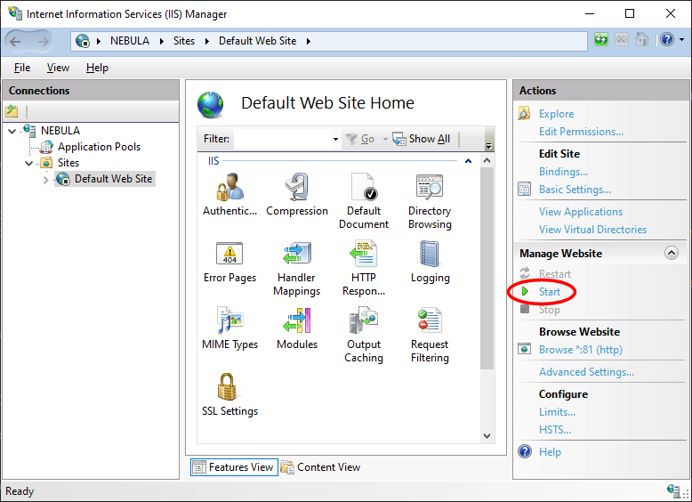 Start IIS server