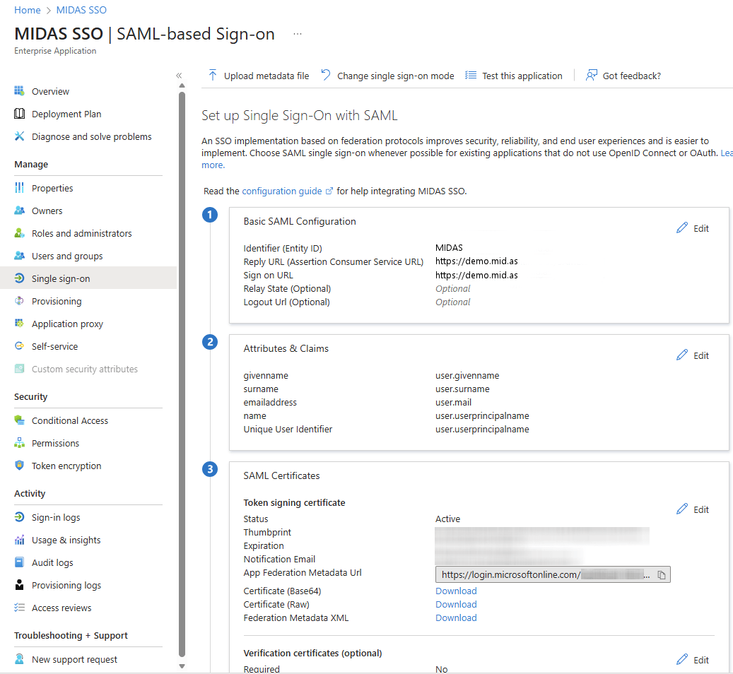 Configure Microsoft Entra ID (formerly Azure AD) for SAML SSO with MIDAS