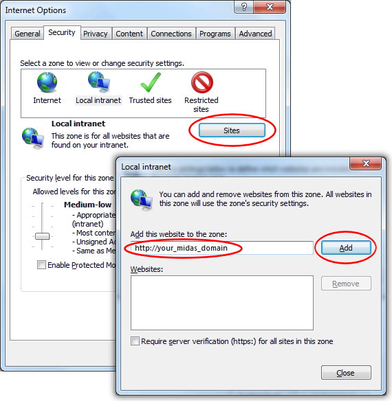 Add Local Intranet Site to IE