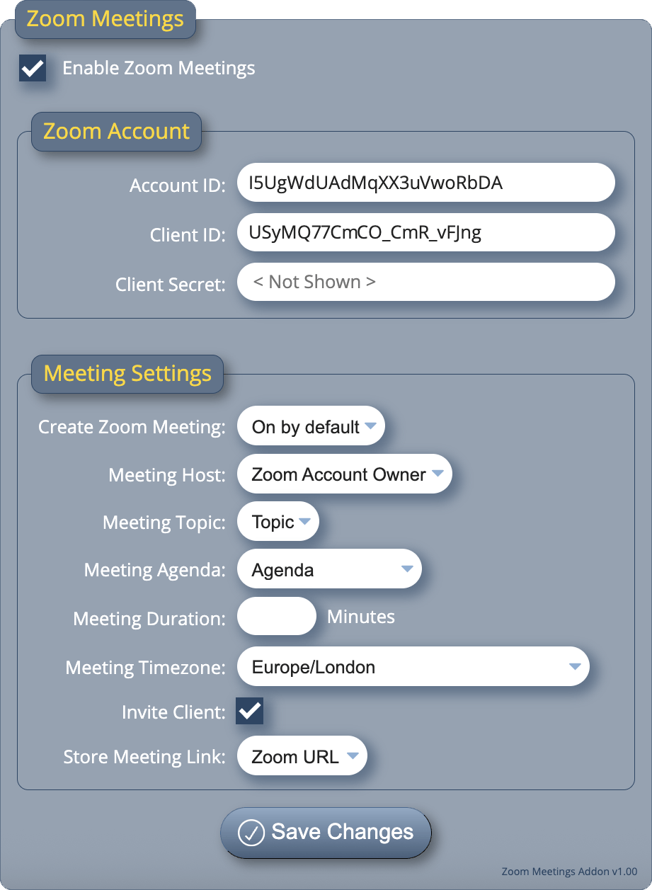 MIDAS Zoom Meetings Addon settings
