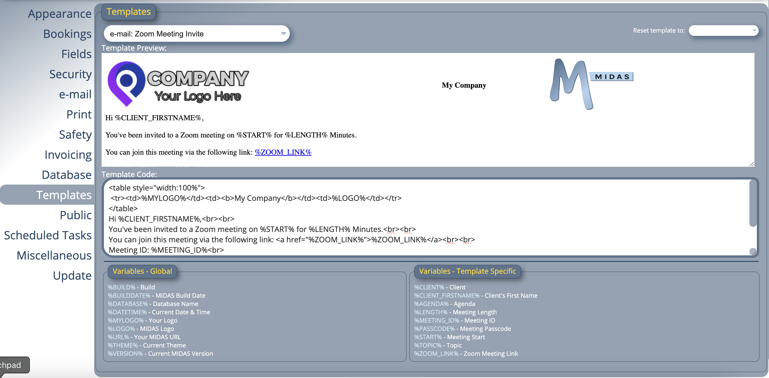 Zoom Invite Template in MIDAS