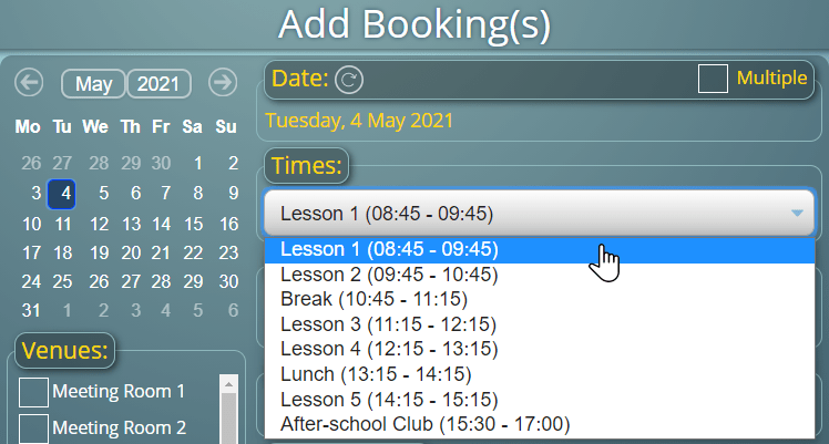 Booking from a list of time slots, rather than manually selecting start/finish times