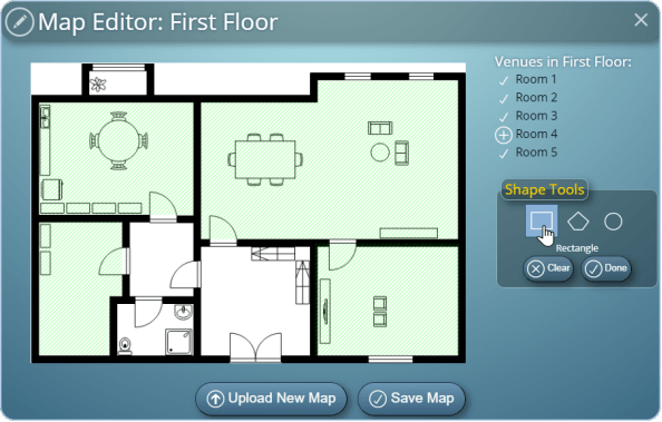 The Map Editor allows uploading of floor plans and defining locations of your bookable spaces
