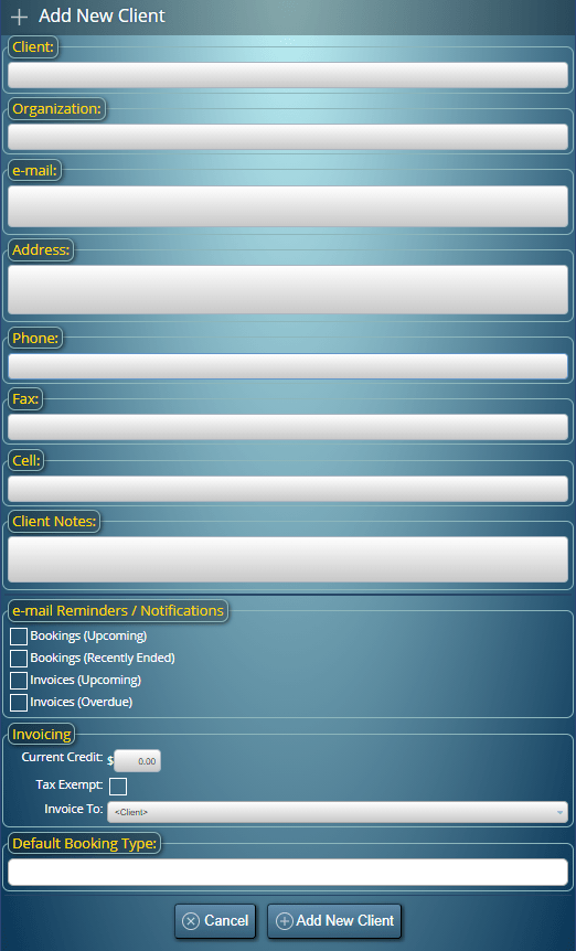 The Add Booking screen in MIDAS. Fields can be enabled/disabled and custom fields added