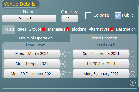 Close a space over date ranges such as holidays