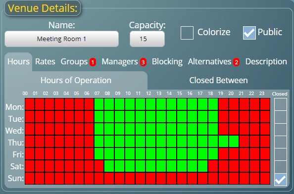 Set up hours of operation for each room for each day of the week