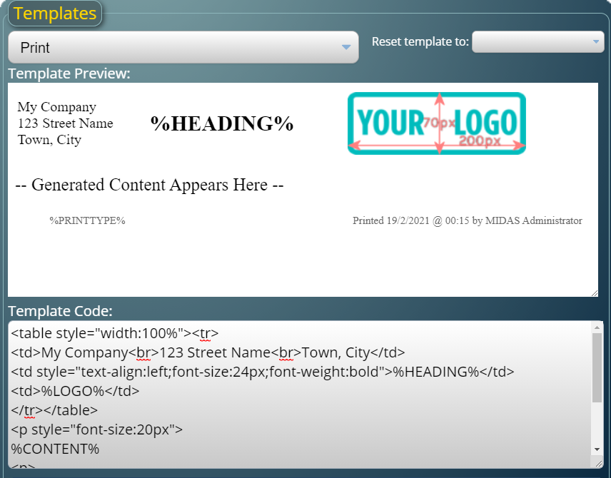 Customizable Print Template which can be modified in visual or code editing mode