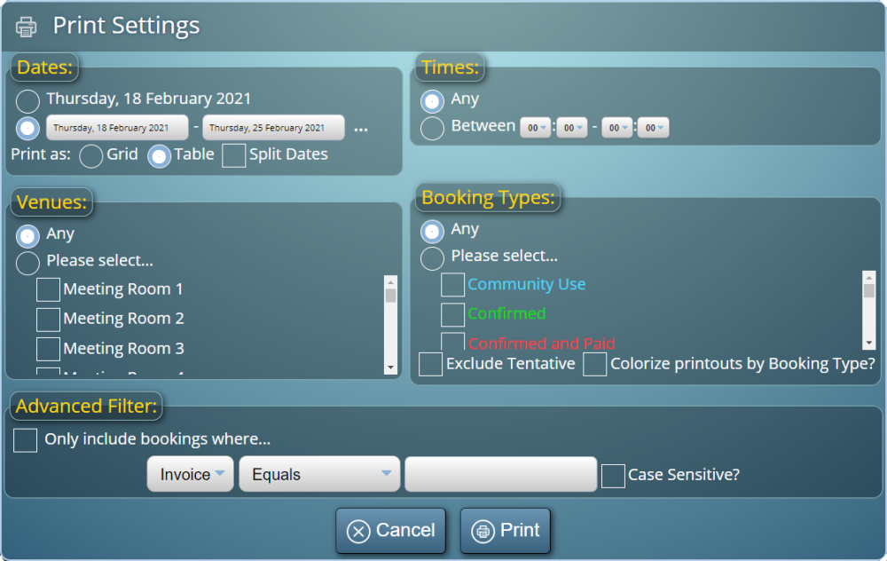 Control which bookings appear on your printouts