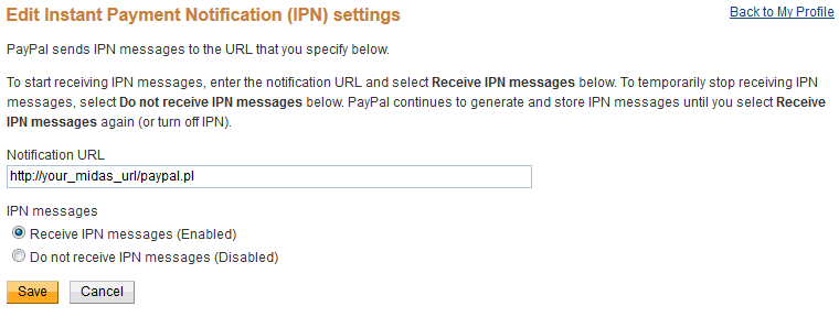 Update PayPal Instant Payment Notification Settings