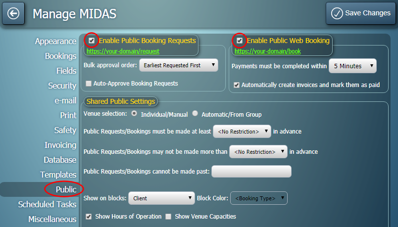 Enable Public Web Booking or Requests in MIDAS