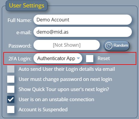 Enable and set two-factor authentication method per user account in MIDAS v4.38 and later