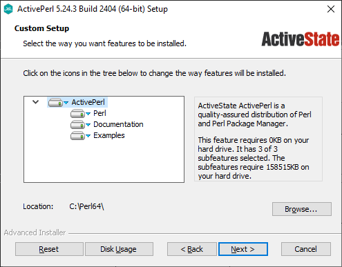 Choose which ActivePerl components to install