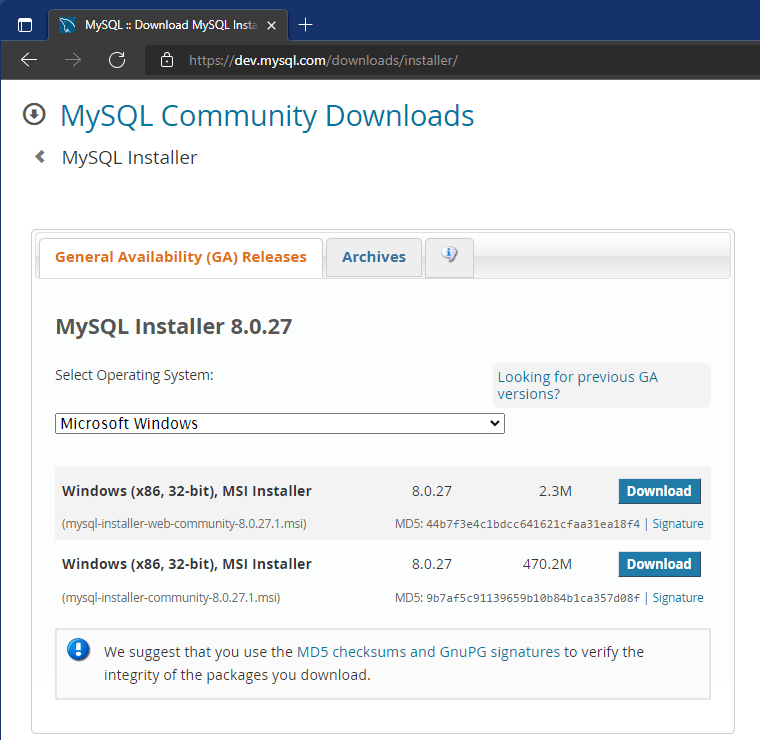 mysql download windows 10 64 bit free