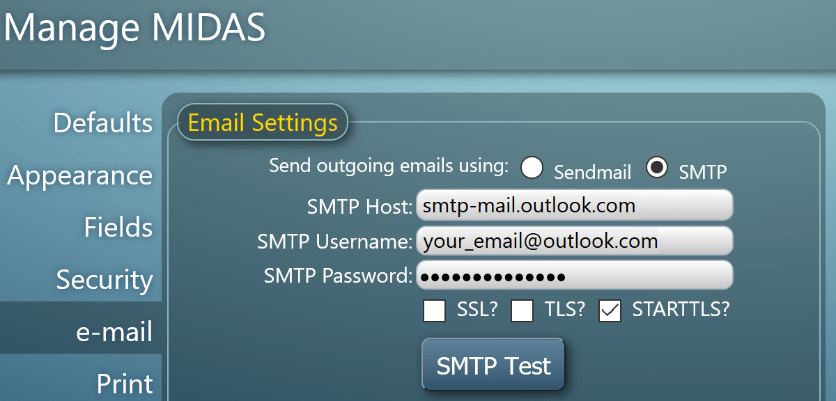 MIDAS Outlook SMTP Server Settings