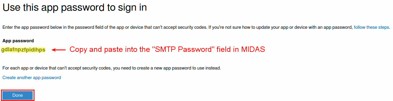 Copy generated App Password from your Microsoft Account