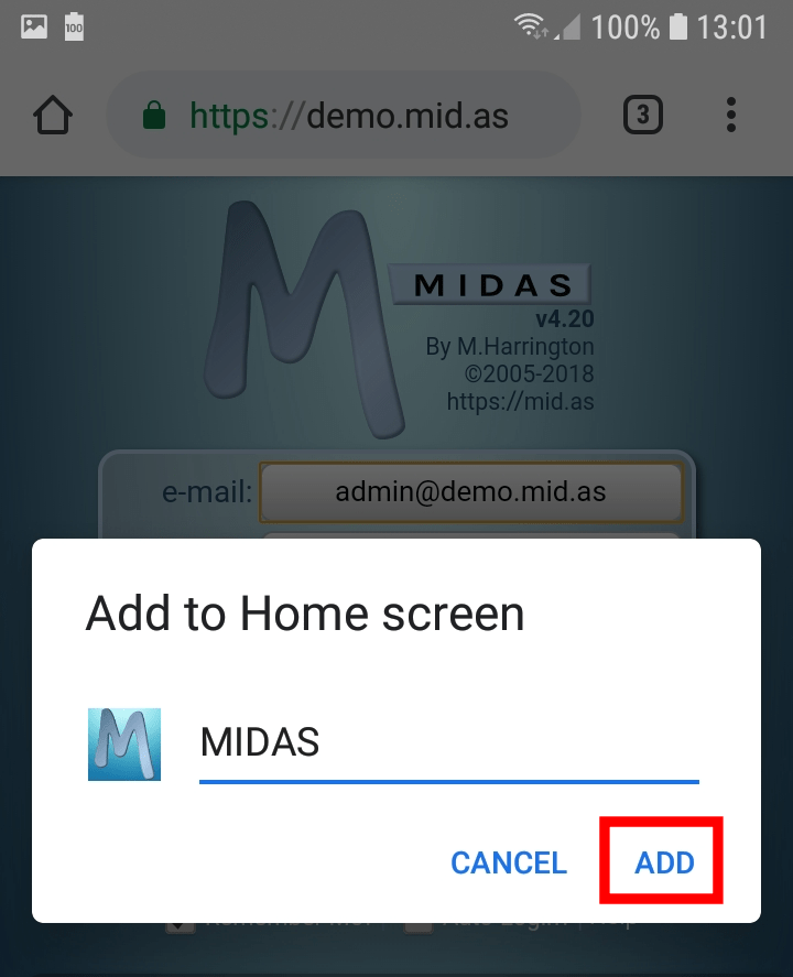 Chrome Add MIDAS Home Screen