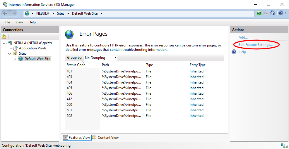 IIS Error Pages - Edit Feature Settings