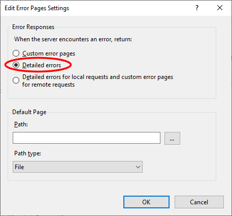 IIS Error Pages - Edit Feature Settings