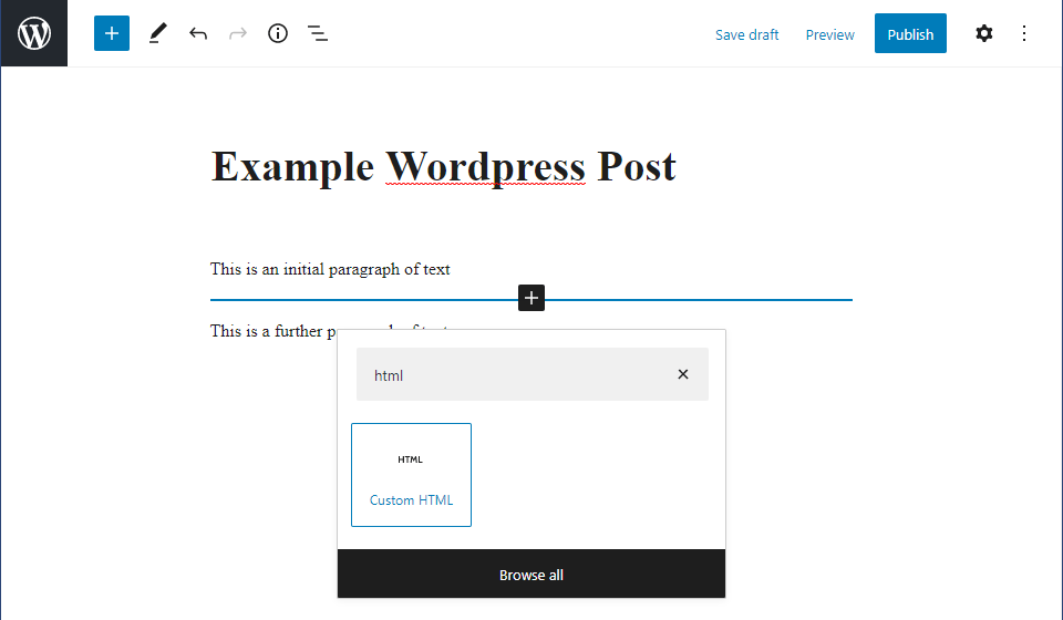 Add Custom HTML block to WordPress page