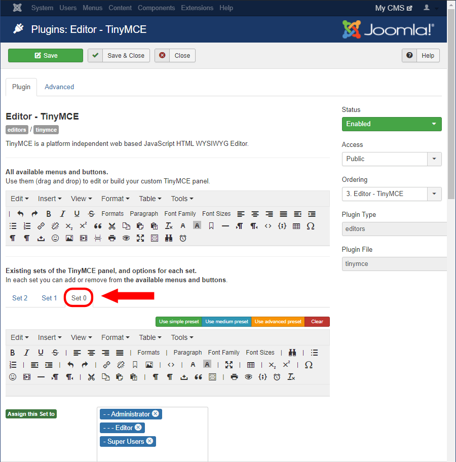 Configure the TinyMCE plugin in Joomla!