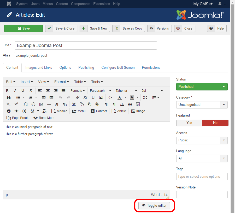 Toggle between code and visual editors in Joomla!