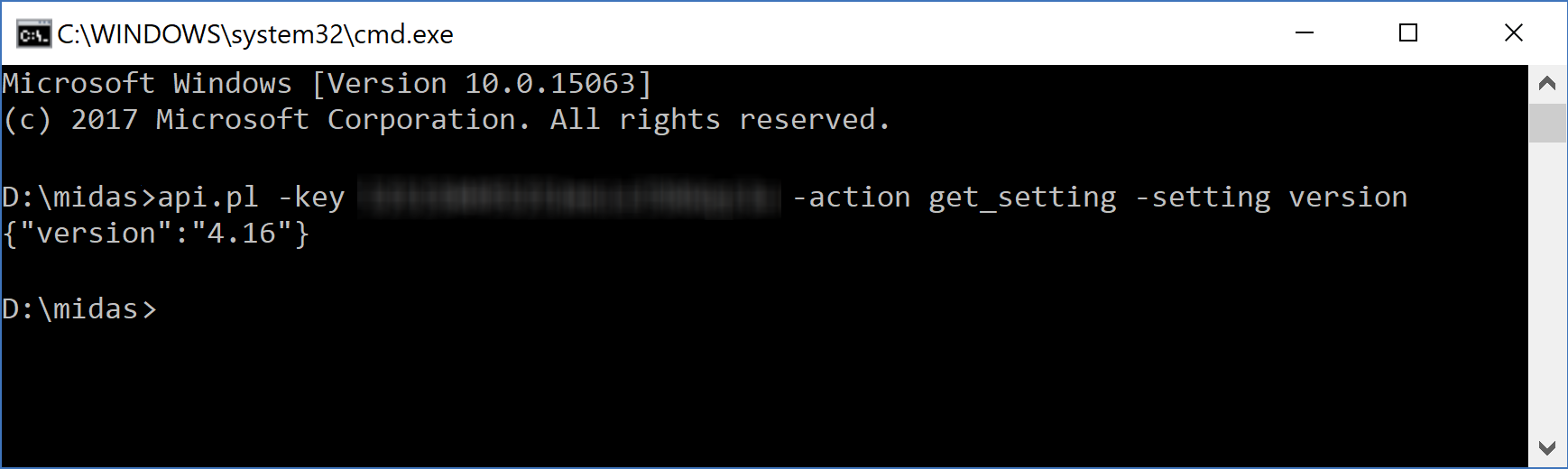 A MIDAS API call made from the Windows Command line (cmd)