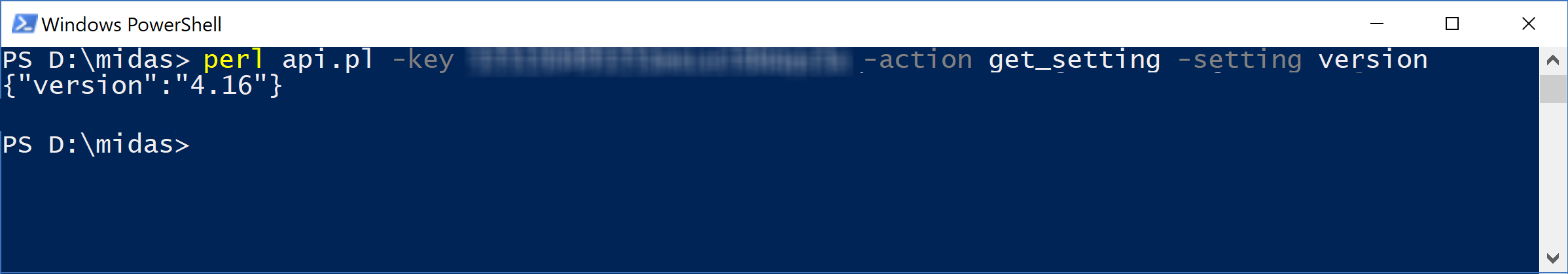 A MIDAS API call made from Windows PowerShell
